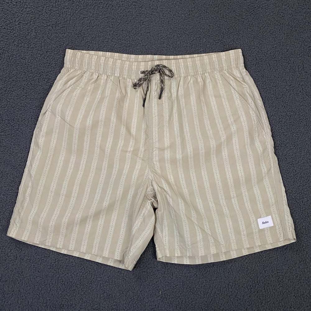Katin Volley Swim Shorts Mens Medium Beige Striped Mesh Lined Trunks NWOT